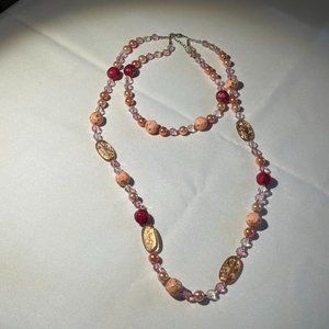 NECKLACE DOUBLE STRAND FAUX PEARLS, STONES, CRYSTALS AND BEADS PINK AND GOLD HUE